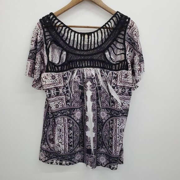 One World Womens Embellished Short Sleeve Top Blouse Size 1X Crochet Back Detail - Picture 4 of 15